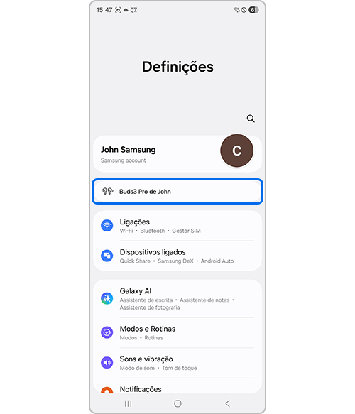 Galaxy Buds ligados através das Definições