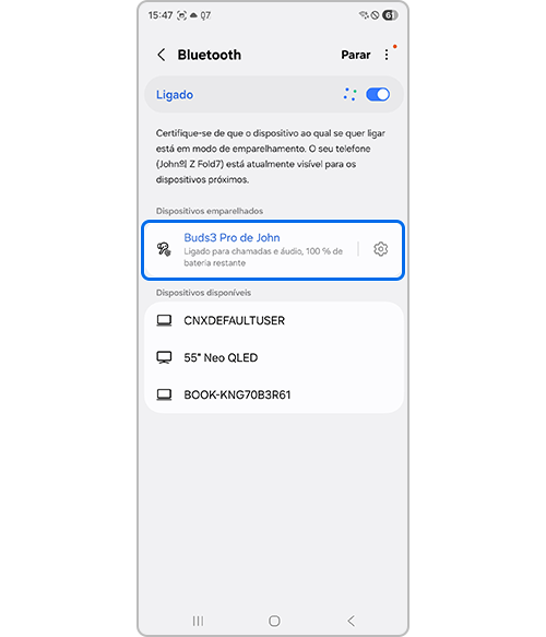 Galaxy Buds ligados através da lista Bluetooth
