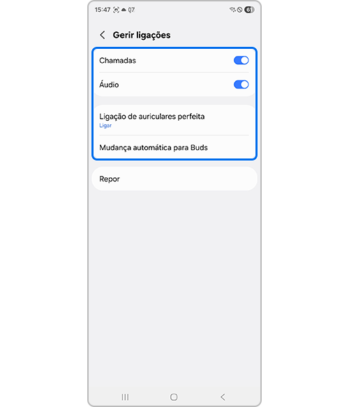 Selecione as opções para o Bluetooth