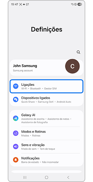 Toque em definições