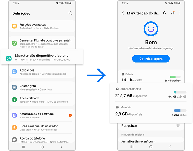 Verificar o espaço restante de armazenamento e memória