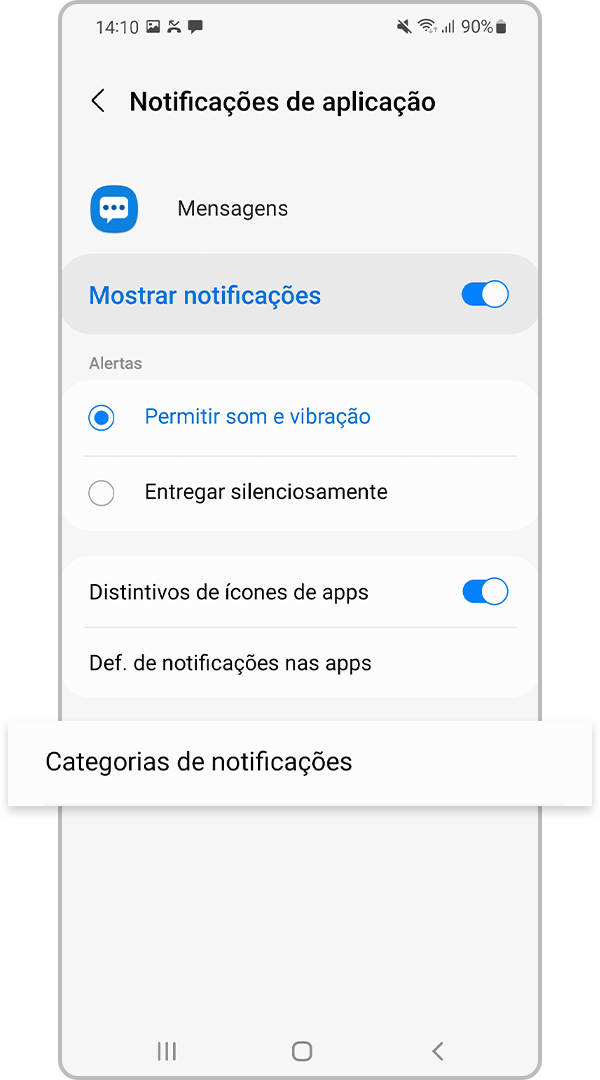A partir de Mensagens, tocar em Categorias de notificações