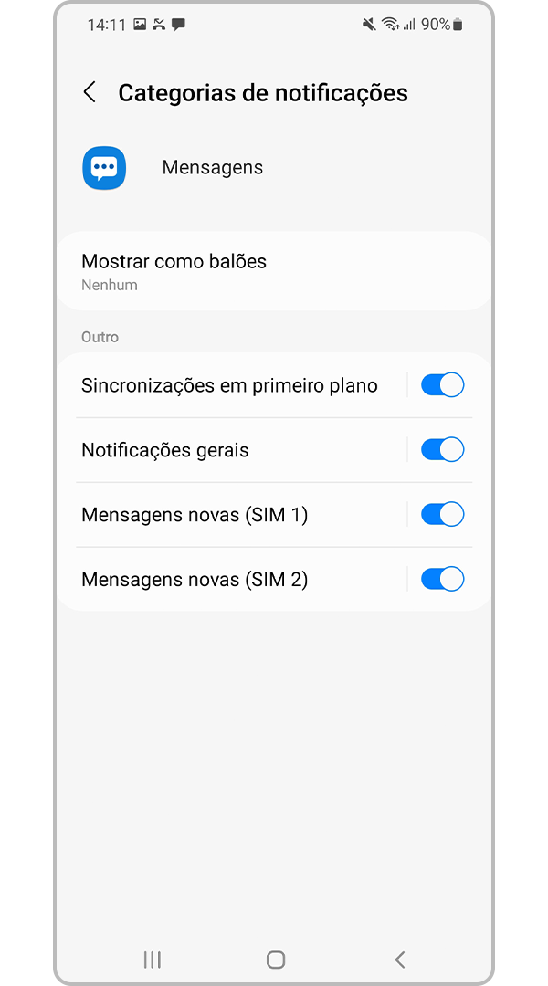 Configurar as definições de Categorias de notificações preferidas