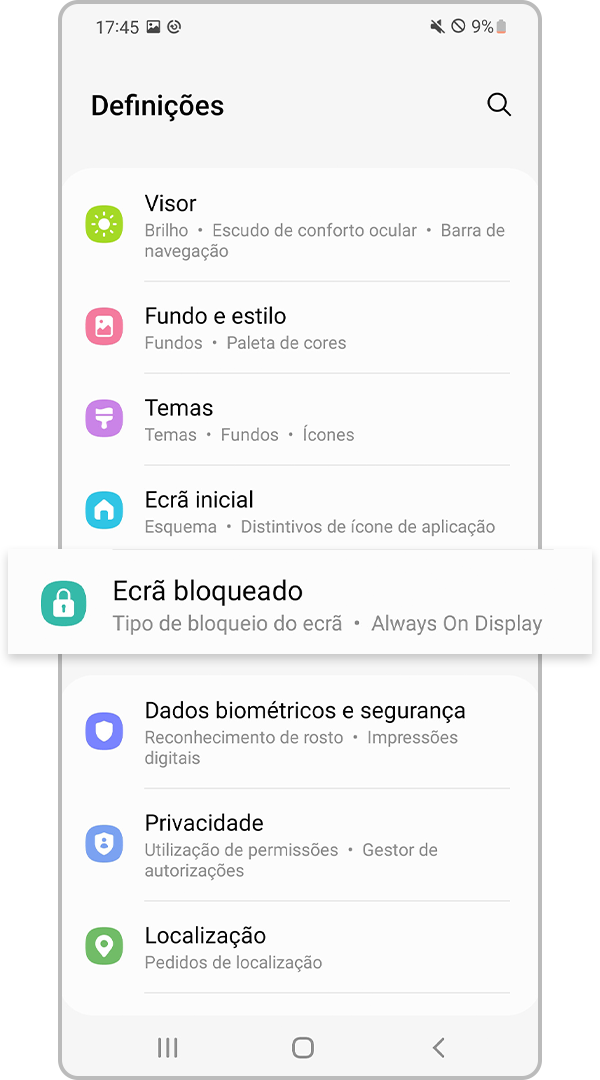 Definições do ecrã bloqueado
