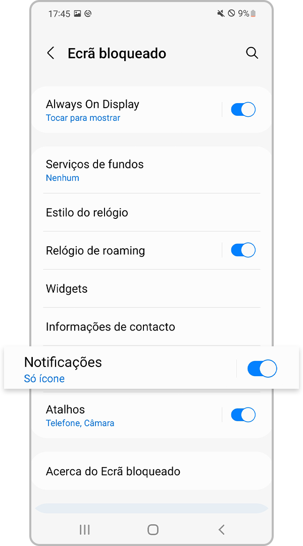 Selecionar definições de notificações do ecrã bloqueado
