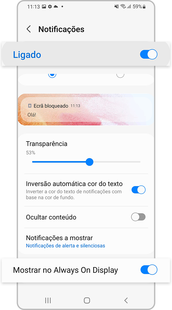 Ativar notificações nas definições do Always On Display