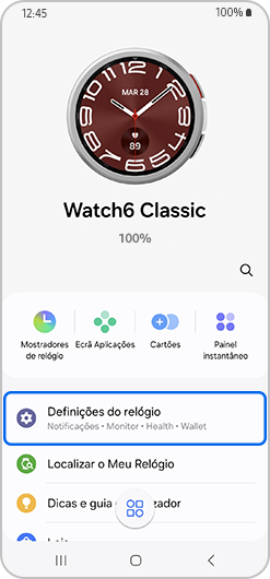 Configurações do relógio destacadas no ecrã inicial do Galaxy Watch.