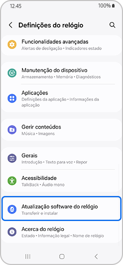 Ecrã de configurações do relógio com a atualização de software do relógio destacada.
