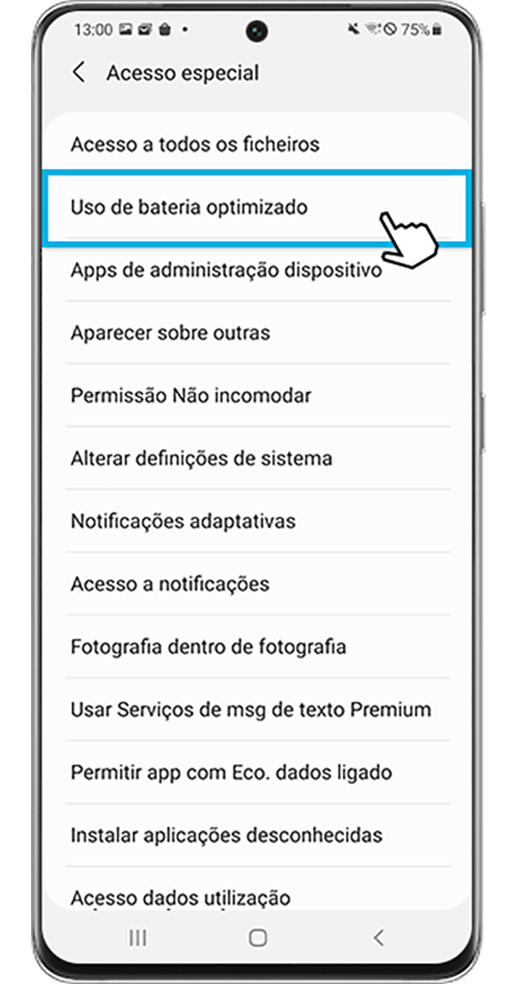 otimizar aplicações individuais para usar menos bateria-acesso especial