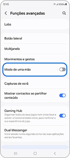 Toque em Modo de uma mão nas Funções avançadas