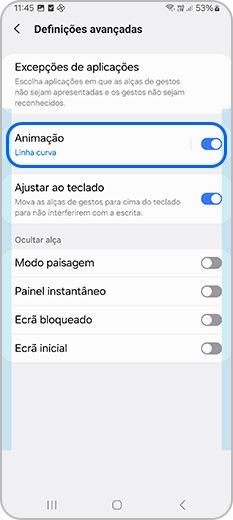 Toque em Animação nas Definições avançadas