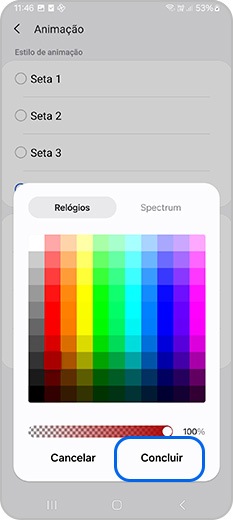 Selecione uma cor para a linha curva