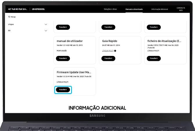 A imagem apresenta o conteúdo da secção Manuais e downloads da página do modelo.