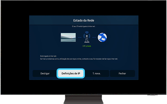 A TV Samsung mostra as opções do menu Estado da Rede.