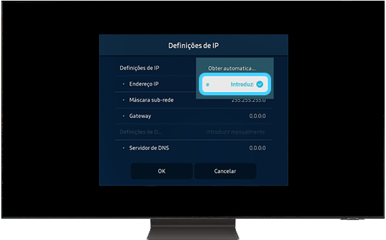 A TV Samsung mostra o menu pop-up Definições de IP.