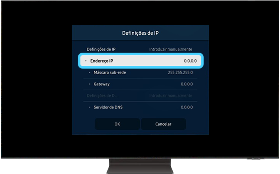 A TV Samsung mostra as informações do menu Definições de IP.