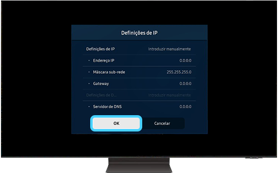 A TV Samsung apresenta as informações do menu Definições de IP.