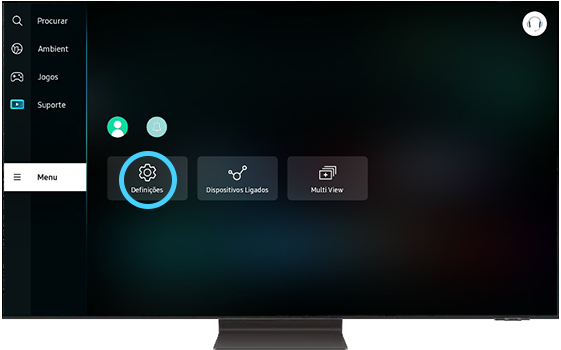 A TV Samsung mostra a página principal do menu.