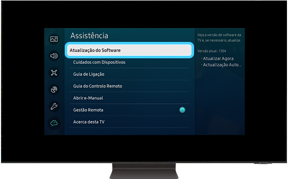 A TV Samsung mostra as opções do menu Assistência.