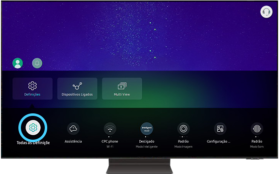 A TV Samsung mostra as opções do menu definições.