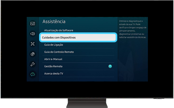 A TV Samsung mostra as opções do menu Assistência.
