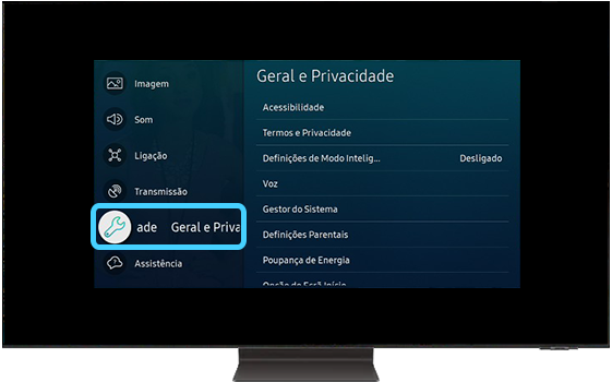 A TV Samsung mostra as opções de Todas as Definições.