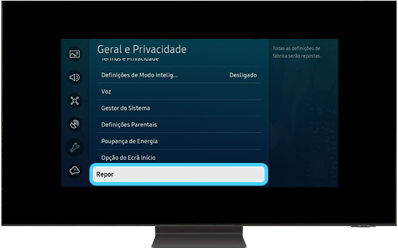 A TV Samsung mostra as opções do menu Geral e Privacidade.