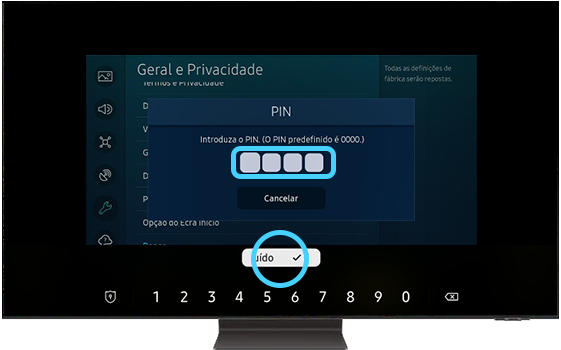 A TV Samsung mostra o campo para introdução do PIN.