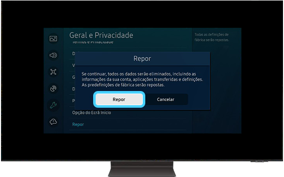 A TV Samsung mostra a janela pop-up de confirmação.