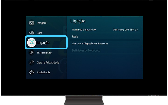A TV Samsung mostra as opções de Todas as Definições.