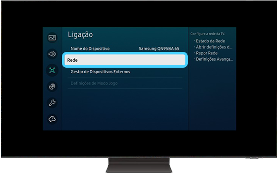 A TV Samsung mostra as opções do menu Ligação.