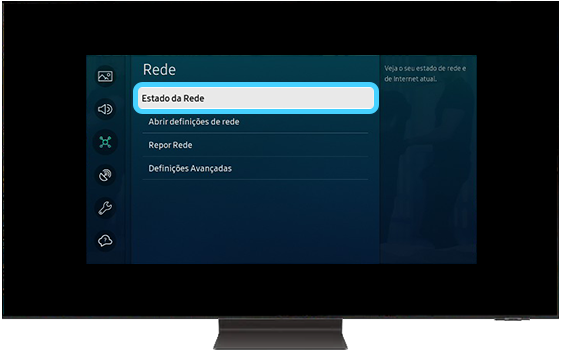 A TV Samsung mostra as opções do menu Rede.