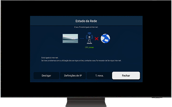 A TV Samsung mostra o Estado da Rede.