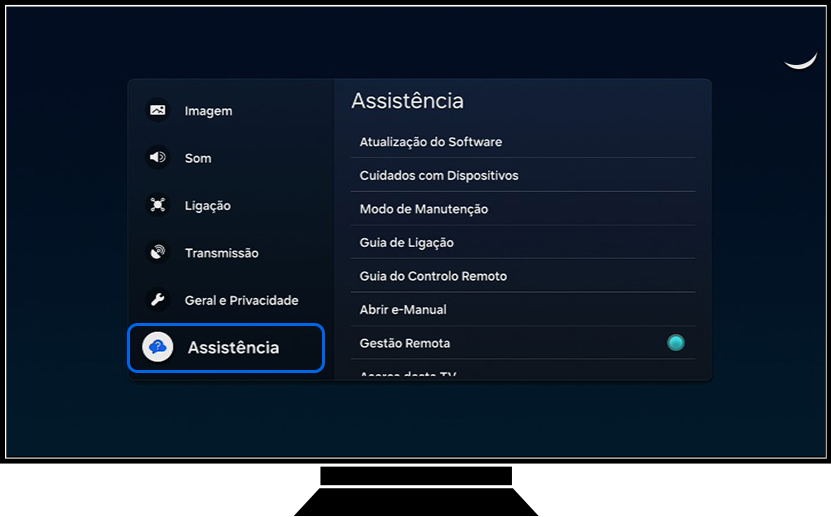 Uma TV Samsung mostra todas as opções de Todas as Definições.