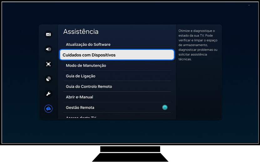 Uma TV Samsung mostra as opções de Assistência.