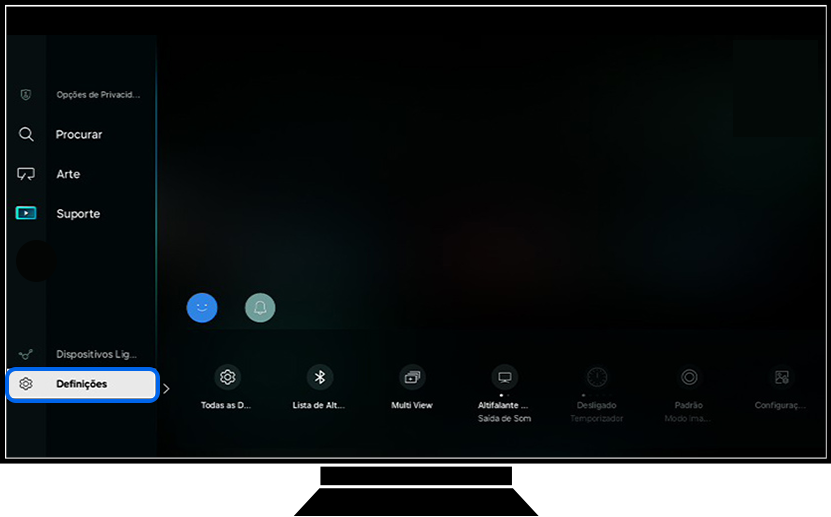 Uma TV Samsung mostra a página principal da seção de menu.