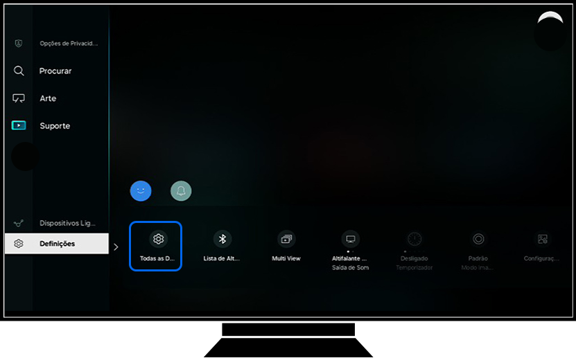 Uma TV Samsung mostra as opções de Definições.