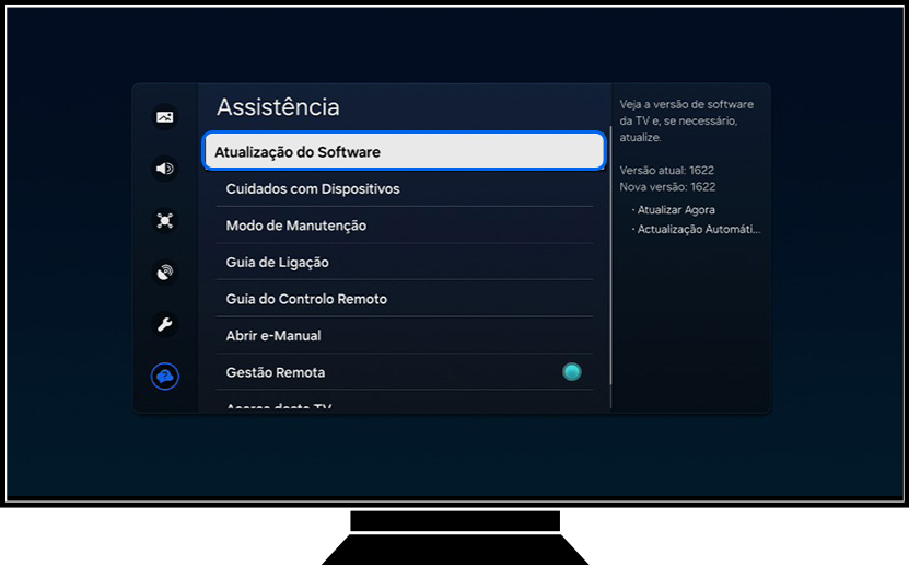 Uma TV Samsung mostra as opções de Assistência.
