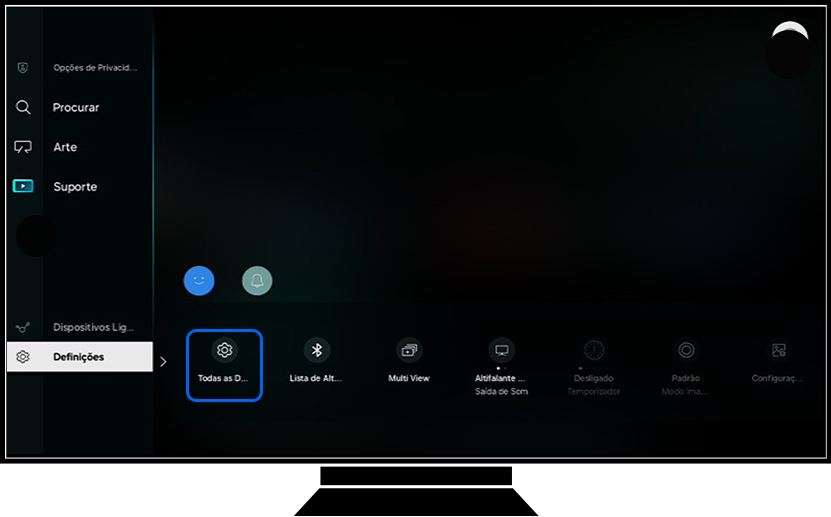 Uma TV Samsung mostra as opções de Definições.