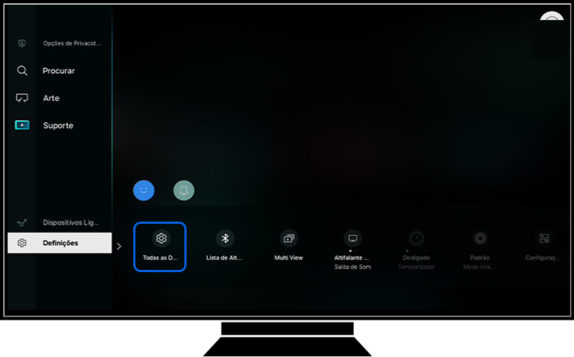 Uma TV Samsung mostra as opções de Definições.