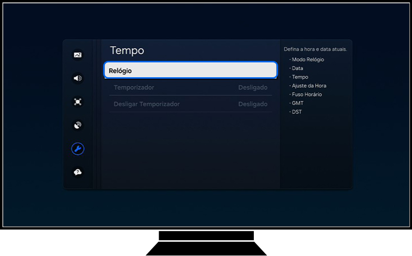 Uma TV Samsung mostra as opções de Tempo e Relógio.