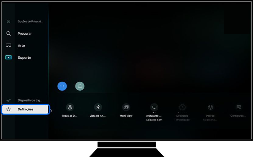 Uma TV Samsung mostra a página principal da seção de menu.