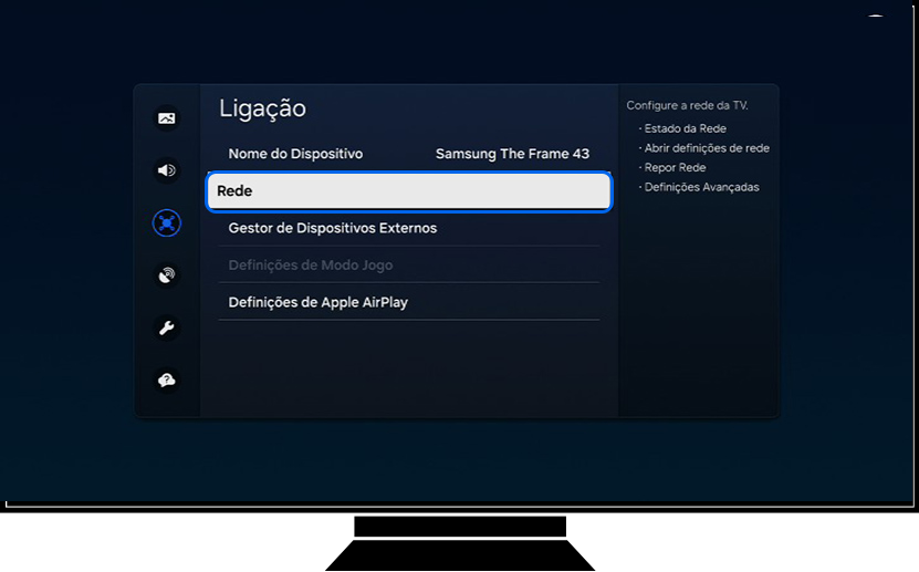 Uma TV Samsung mostra as opções de Ligação.