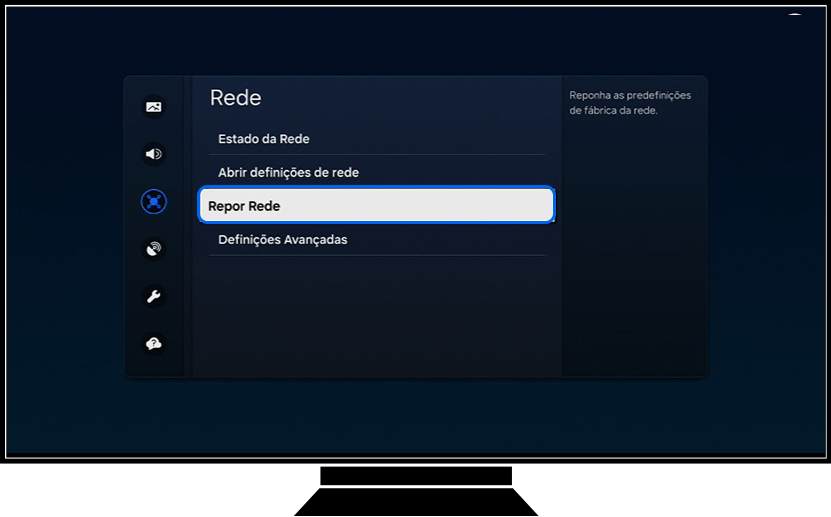 Uma TV Samsung mostra as opções de Rede.
