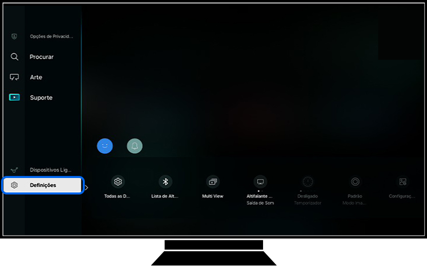 Uma TV Samsung mostra a página principal da seção de menu.