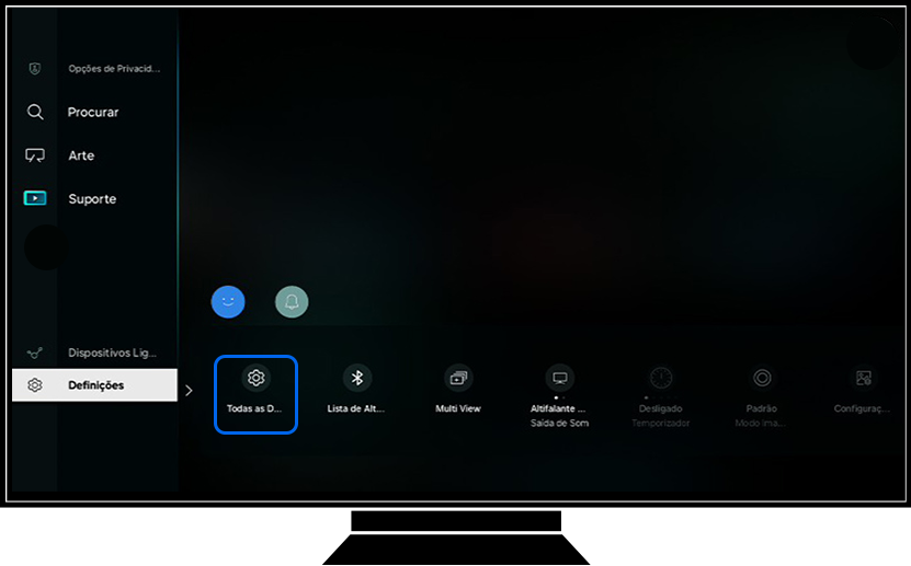 Uma TV Samsung mostra as opções de Definições.