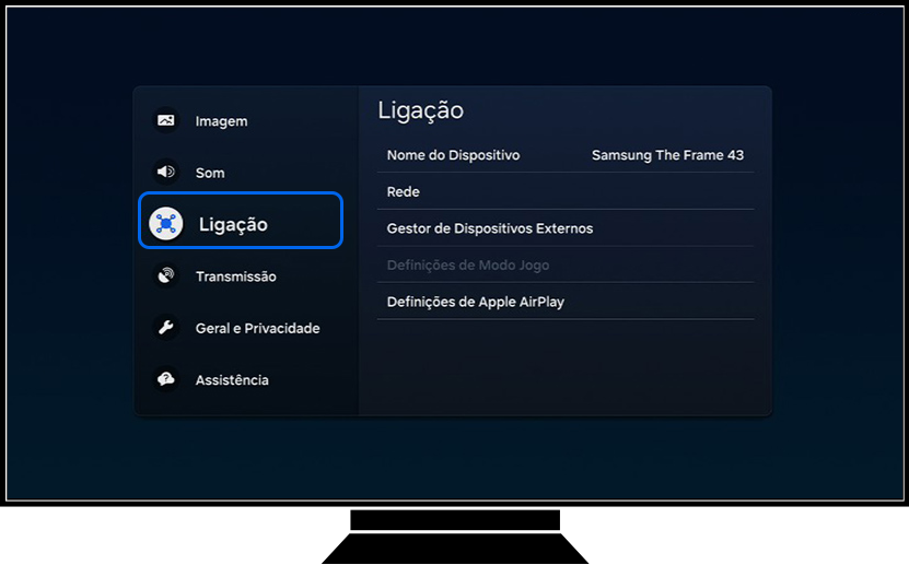 Uma TV Samsung mostra todas as opções de Todas as Definições.