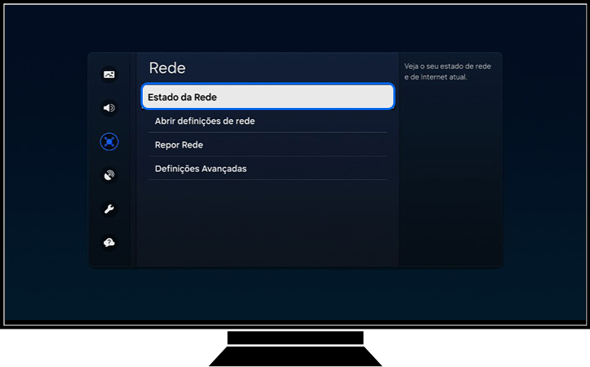 Uma TV Samsung mostra as opções de Rede.