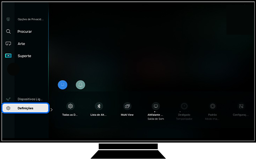 Uma TV Samsung mostra a página principal da seção de menu.