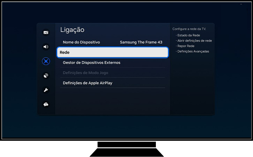 Uma TV Samsung mostra as opções do menu Ligação.